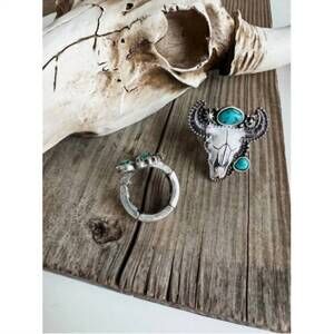 NEW BOHO RANCH women's western turquoise steer adjustable ring in silver